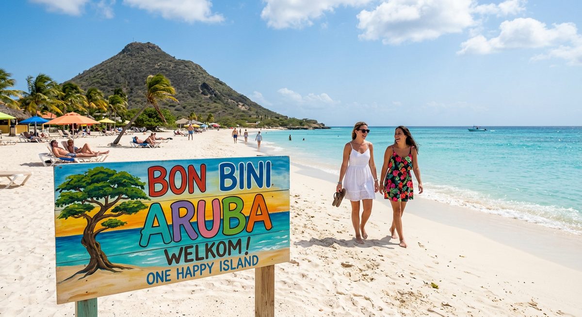 Wit strand met turquoise zee op Aruba en een kleurrijk 'Bon Bini Aruba – Welkom, One Happy Island'-bord